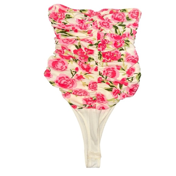 Zara Ruched Floral Strapless Bodysuit Pink Rose Print Cottagecore Y2K Coquette - Picture 12 of 16